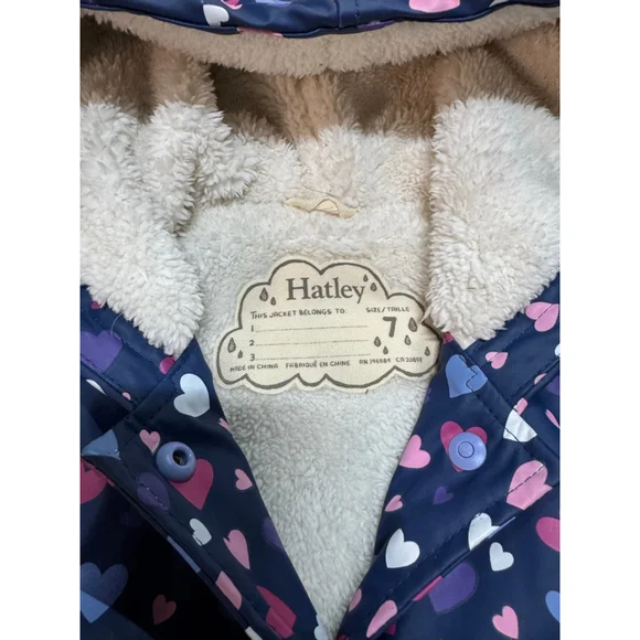 Girls Hatley Raincoat Size 7 Navy Pink Heart Print - Picture 3 of 5